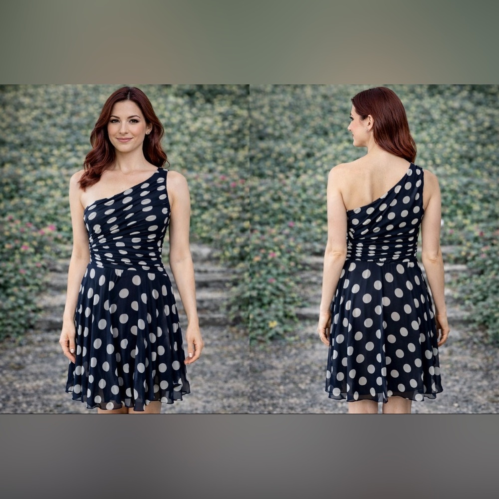Adrianna Papell Dress 8 Blue White Polka Dot Flowy NWT Party Wedding Cruise NEW
